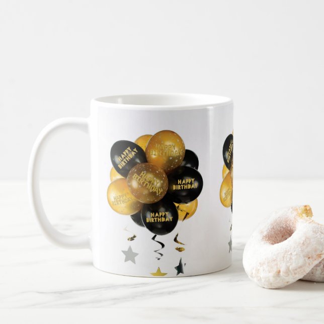 Joyeux Ballons d'or noir de Mug d'anniversaire (Avec donut)