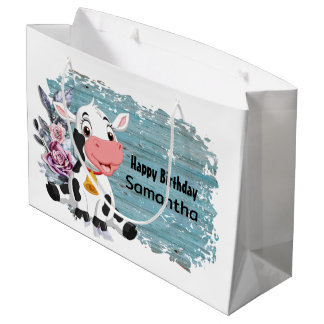 Joyeux Bébé Vache Rustique Bleu Grand Sac Cadeau