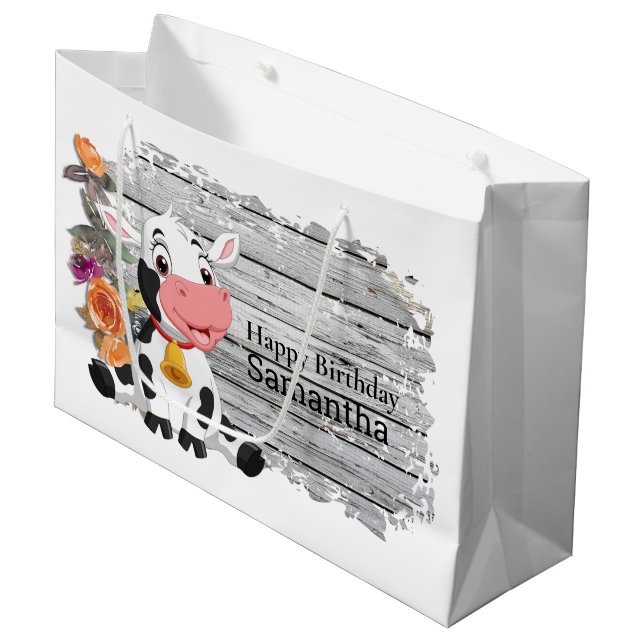Joyeux Bébé Vache Rustique Gris Grand Sac Cadeau (Devant Angle)