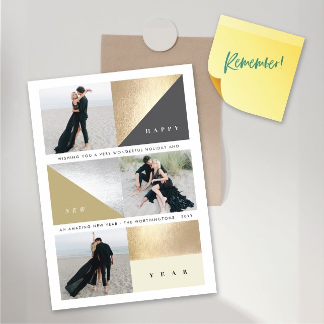 Joyeux Blocs d'or du Nouvel An 3 Photo Carte magné (Happy New Year Stylish Faux Gold / Silver Foil Blocks 3 Photo Magnetic Card @ fat_fa_tin)