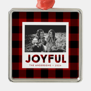 Joyeux Buffle Rouge Plaid Photo Ornement de Noël