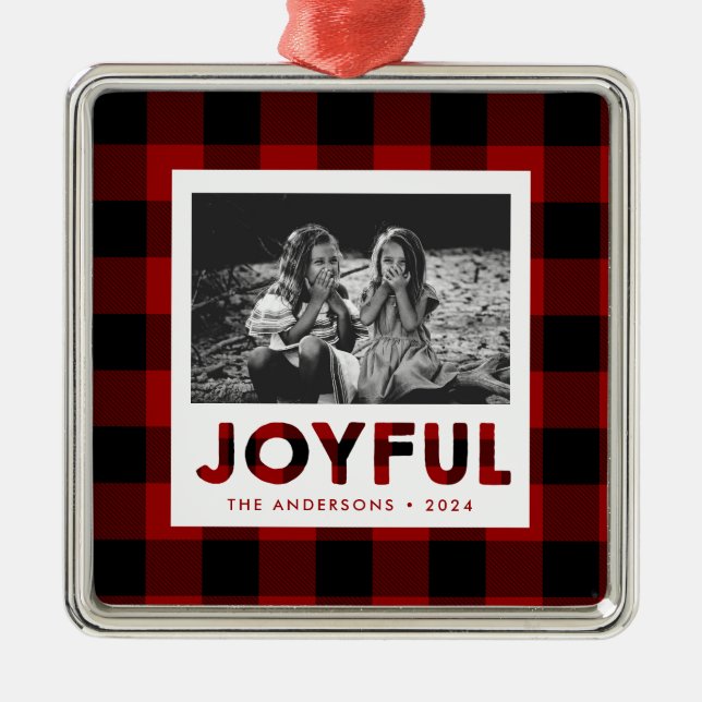 Joyeux Buffle Rouge Plaid Photo Ornement de Noël (Devant)