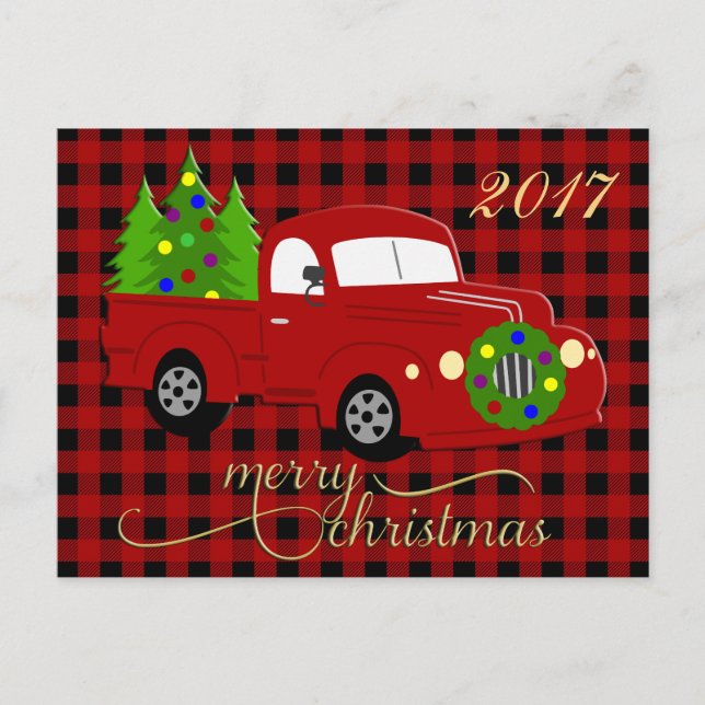 Joyeux Camion de Noël & Arbre Rouge Carte postale (Devant)