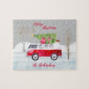 Joyeux Camion rouge Noël gris Jigsaw Puzzle