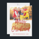 Joyeux Carte photo de script lettres main Noël<br><div class="desc">Joyeux Noël Carte photo de script lettres main. La photo et le texte de ce script de brosse manuscrite peuvent être mis à jour et customisés avec votre photo et votre nom de famille. Cette carte affiche également le nom de famille et une feuille d'or au dos de la carte...</div>