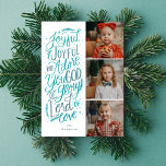 Joyeux Carte photo religieux Winter Navy bleu<br><div class="desc">Cette photo religieuse de la carte de Noël présente un hymne chrétien écrit à la main et illustré "Joyeux Joyeux, Nous Vous Adore, Dieu de gloire, Seigneur de l'Amour". Ce design comprend trois de vos belles photos de famille et une palette de couleur bleu marine gelée et gelée, avec une...</div>