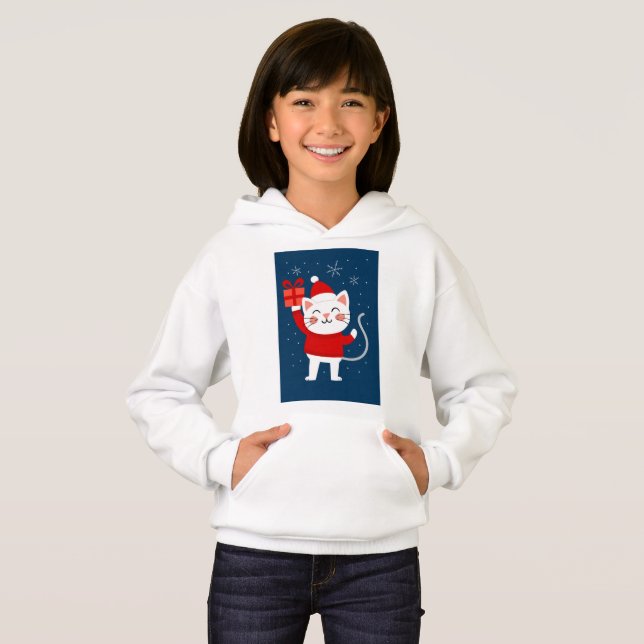 Joyeux Cat Noël – Chat Blanc avec Cadeau et Style  (Devant entier)
