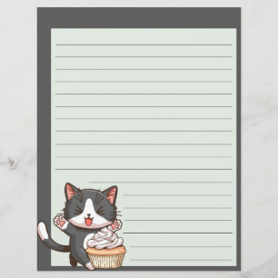 Joyeux chat gris avec cupcake, papier d'écriture d
