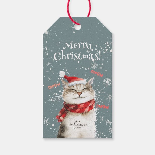 Joyeux Chat Joyeux Noël Étiquette Cadeau (Devant)