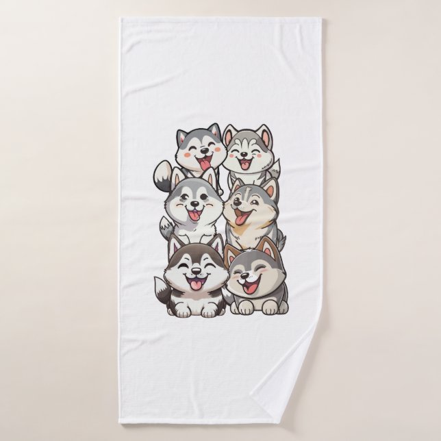 Joyeux choux huskies sibériens (Serviette de bain)