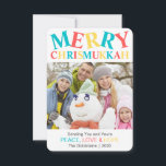 Joyeux Chrismukkah Photo Paix, Amour & Espoir Pers<br><div class="desc">Fun pastel bleu,  rouge et jaune Merry Chrismukkah carte photo personnalisé avec votre salutation personnalisée,  Paix,  Amour & Espoir et votre nom dans une police amusante. Chrismukkah est l'endroit où les gens fêtent Noël et Hanoukka ensemble. C'est une excellente façon de célébrer pour les familles interconfessionnelles.</div>