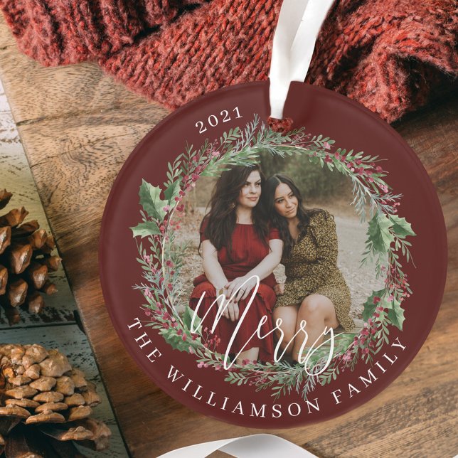 Joyeux Elegant Festif Aquarelle Wreath Two Photo (Merry Elegant Festive Watercolor Wreath Two Photo Ornament)