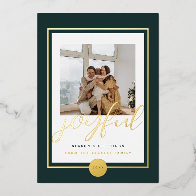 Joyeux Elegant Gold Family Photo Foil Carte de vac (Recto)
