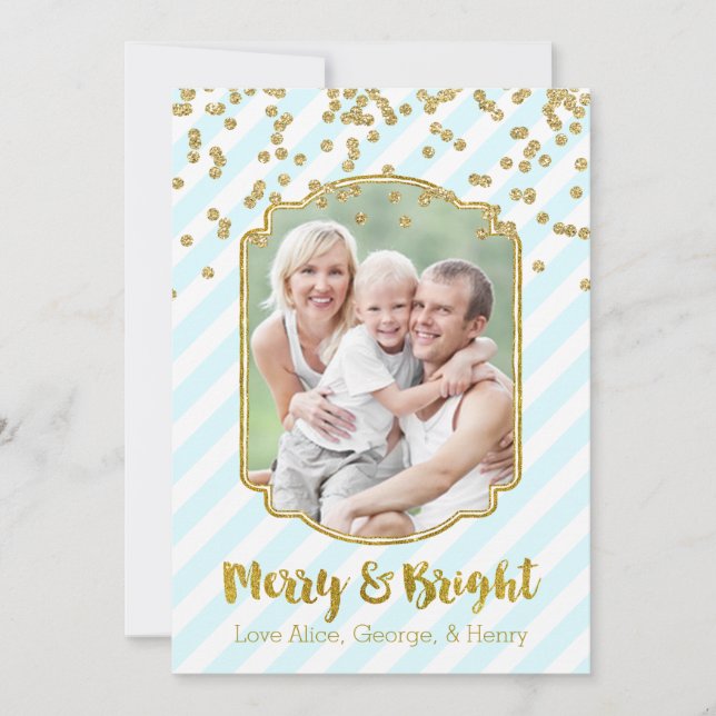 Joyeux et brillant Gold Sky Blue Stripes Carte pho (Devant)