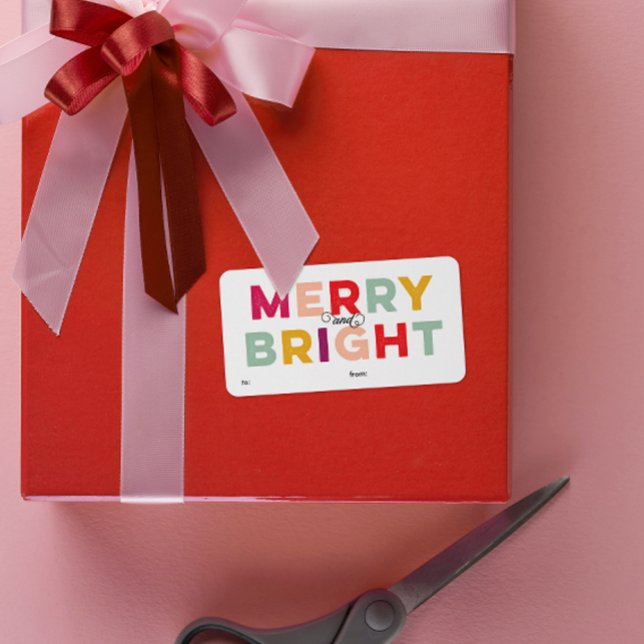 Joyeux et Étiquette cadeau coloré moderne (merry and bright gift tag labels in pink, yellow, purple, aqua and red on white)