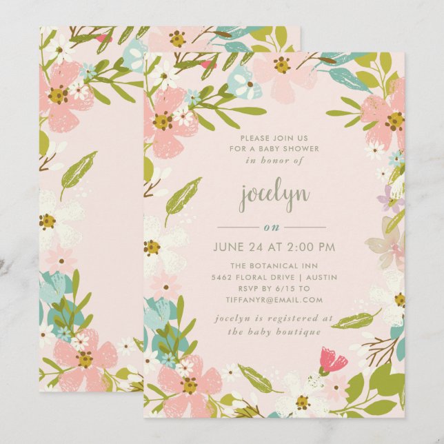 Joyeux floral | Invitation Baby shower rose (Devant / Derrière)