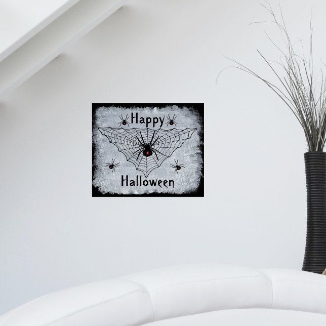 Joyeux Halloween Affiche Toile d'Araignée Veuve No (Black widow spiders red hourglass marks spider web on Happy Halloween wall poster decoration.)