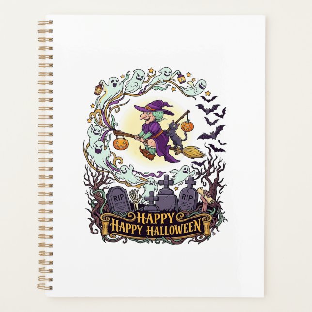 Joyeux Halloween Balai de Sorcière Chat Noir Fantô (Devant)
