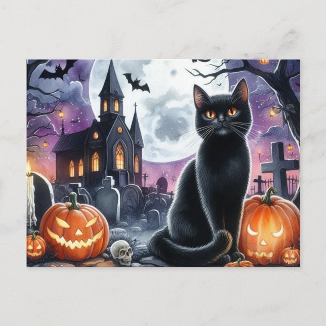 Joyeux Halloween Carte Postale Chat Noir Effrayant (Devant)