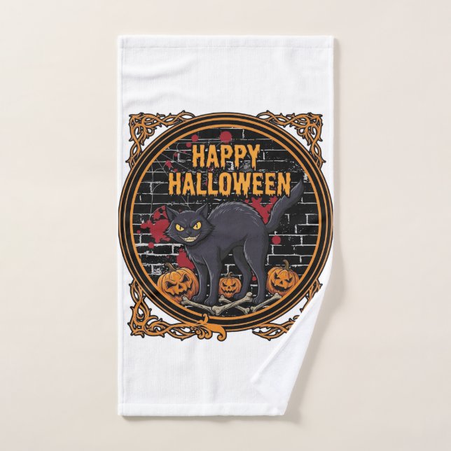 Joyeux Halloween Chat Noir Citrouilles Os_1 (Serviette à main)