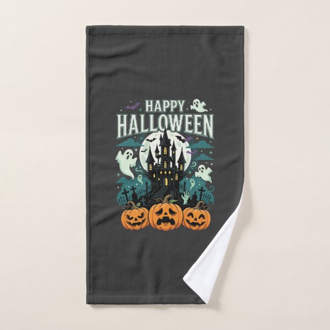 Joyeux Halloween Château Hanté Fantômes et Citroui (Serviette à main)