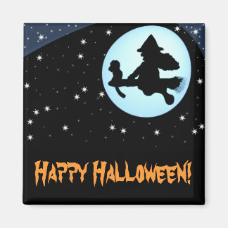 Joyeux Halloween Flying Witch and Monkey Magnet