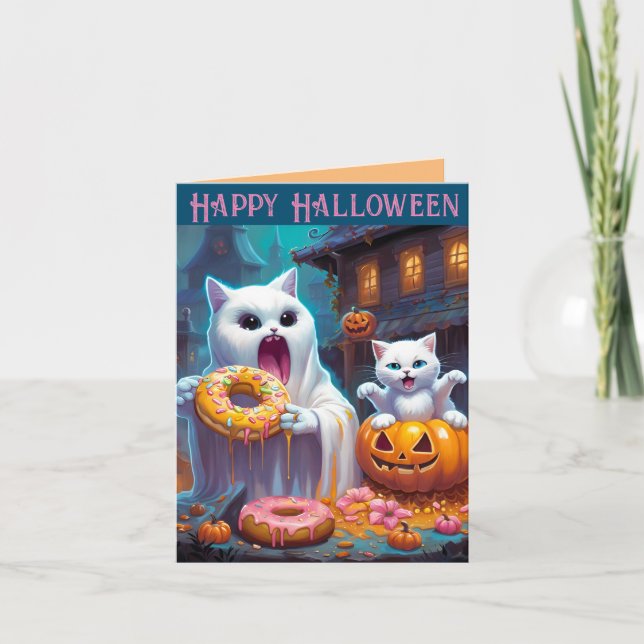 Joyeux Halloween - Joli chaton et fantôme mangent  (Devant)