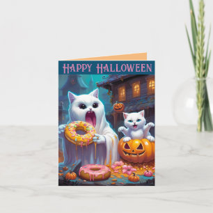 Joyeux Halloween - Joli chaton et fantôme mangent 
