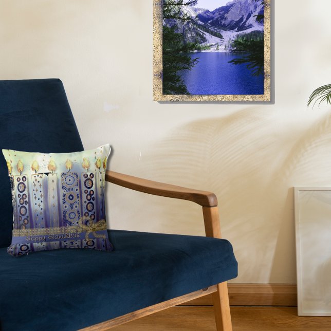 Joyeux Hanoukka Blue Candles Jeter Oreiller (Happy Hanukkah Blue Candles Throw Pillow)