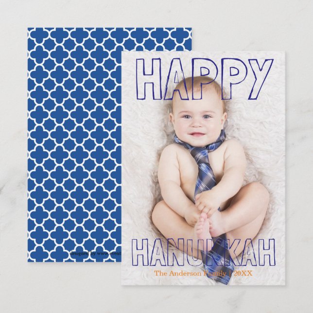 Joyeux Hanukkah Bloc Bleu - Carte de Hanukkah 3x5 (Devant / Derrière)