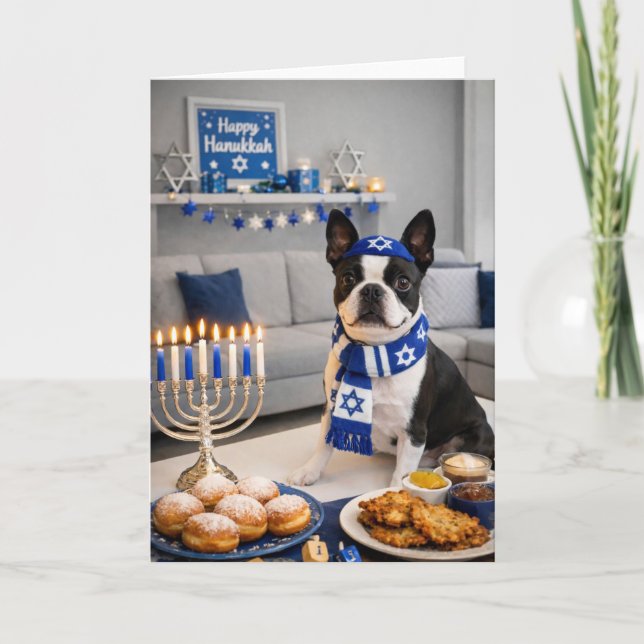 Joyeux Hanukkah Carte Boston Terrier (Devant)