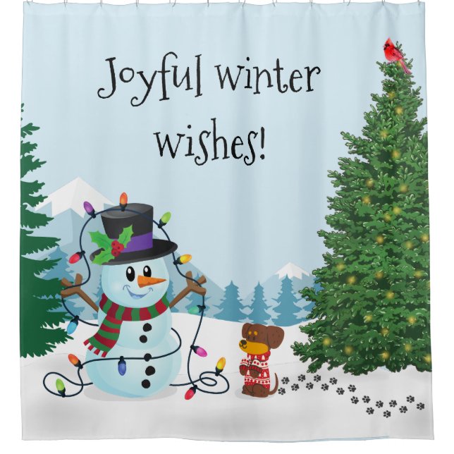Joyeux hiver Snowman Pup rideau de douche de Noël (Devant)