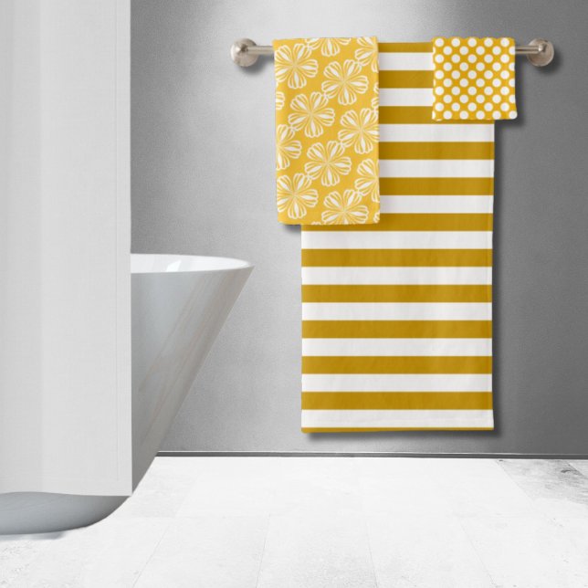 Joyeux Jaune Stripes Floral Polka Dot (Happy Yellow Stripes Floral Polka Dot Bath Towel Set)