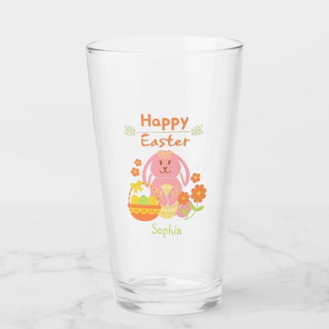 Joyeux lapin rose de Pâques et verre de fleurs (Devant)