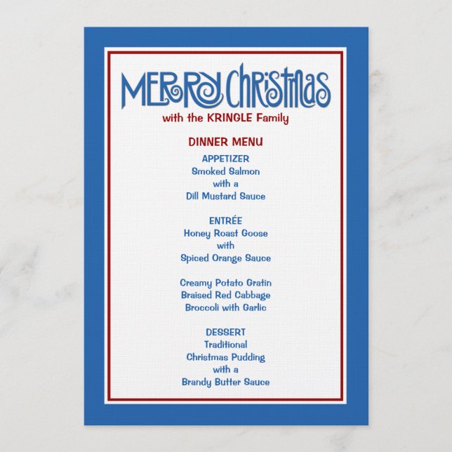Joyeux menu du dîner bleu Noël (Devant)