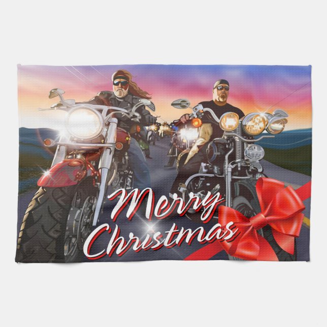Joyeux motards de Noël 1 Serviettes de cuisine Opt (Horizontal)
