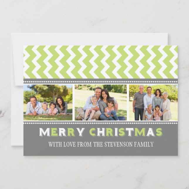 Joyeux Noël 3 Carte photo Grey Green Chevron (Devant)
