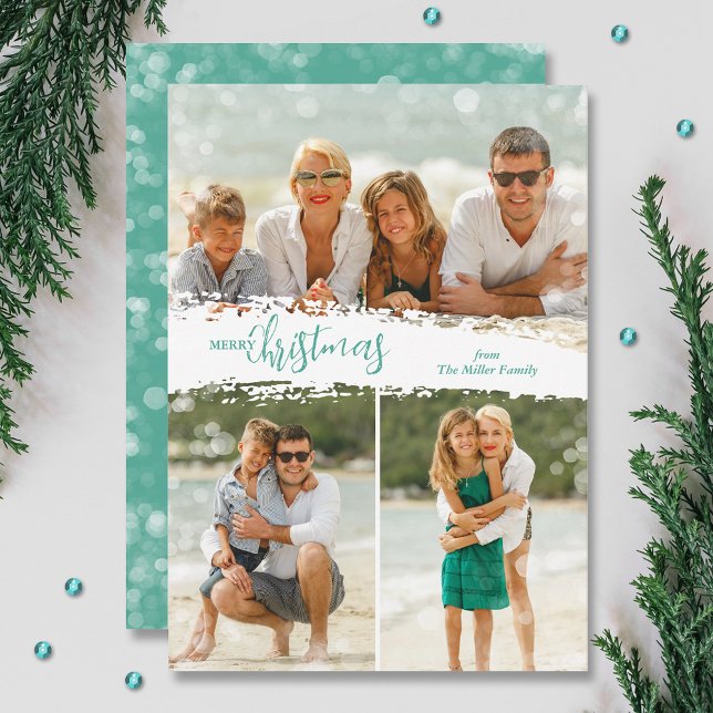 Joyeux Noël 3 Collage de photos Carte de vacances (Aqua Merry Christmas 3 photo grid collage holiday cards, PRINTED and/or INSTANT DOWNLOAD)