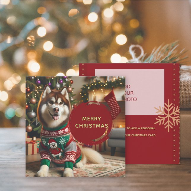 Joyeux Noël Ajouter Jusqu'À 2 Photos Carte De Voeu (The front and back of the Siberian Husky Christmas Holiday photo greeting card)