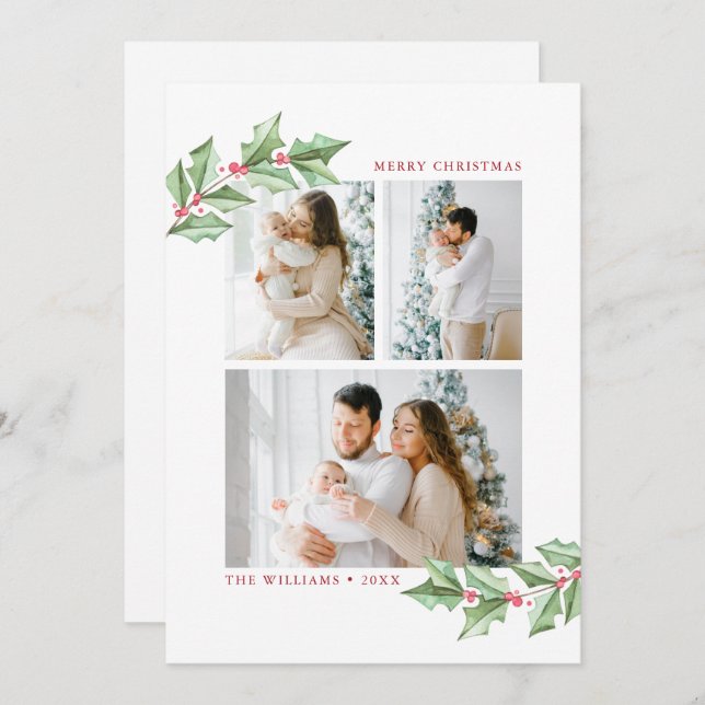 Joyeux Noël Aquarelle Holly 3 Photos Vacances (Devant / Derrière)