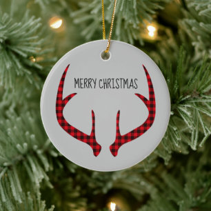 Joyeux Noël Arrondi Ornement Plaid Antlers