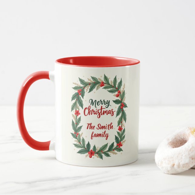 Joyeux Noël avec couronne et nom Tasse de café rou (Avec donut)