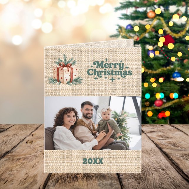 Joyeux Noël beige burlap rétro carte photo (Créateur téléchargé)
