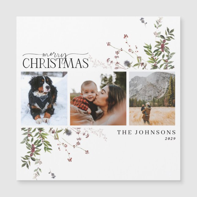 Joyeux Noël Berry hiver 3 photo carte magnétique (Devant)