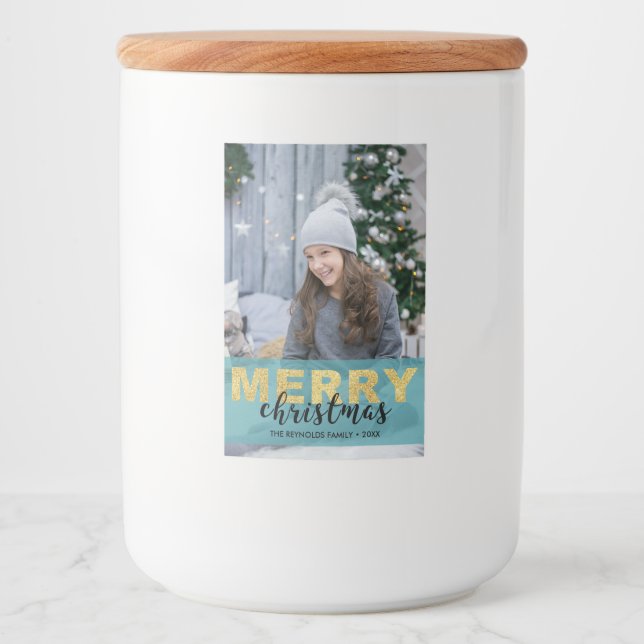 Joyeux Noël bleu or moderne Photo Étiquette alimen (Devant)