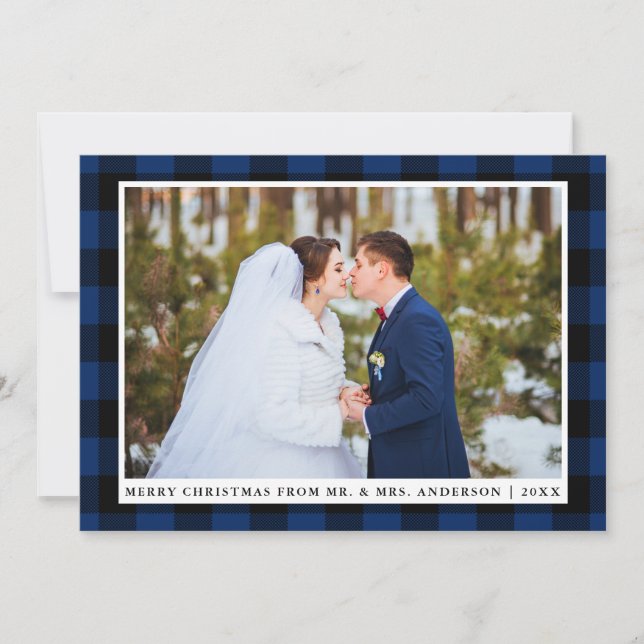 Joyeux Noël bleu Plaid Mariage Carte photo (Devant)