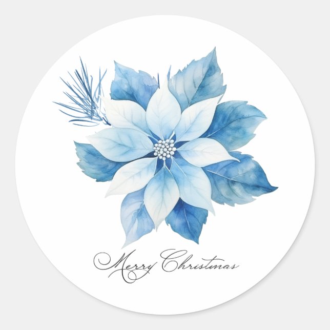 Joyeux Noël Bleu Poinsettia étiquette cadeau (Devant)