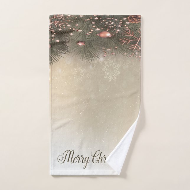 Joyeux Noël, branches de pinBoules, flocons de nei (Serviette à main)