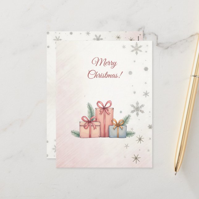 Joyeux Noël! Cadeaux de Noël,С carte de Noël. (Devant/Arrière en situation)
