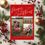 Joyeux Noël Calligraphie Photo Carte magnétique<br><div class="desc">Red Merry Christmas Calligraphy Photo Carte magnétique présente un script de calligraphie moderne sur le devant,  avec trois photos,  et un plaid de Noël festif sur le dos.</div>